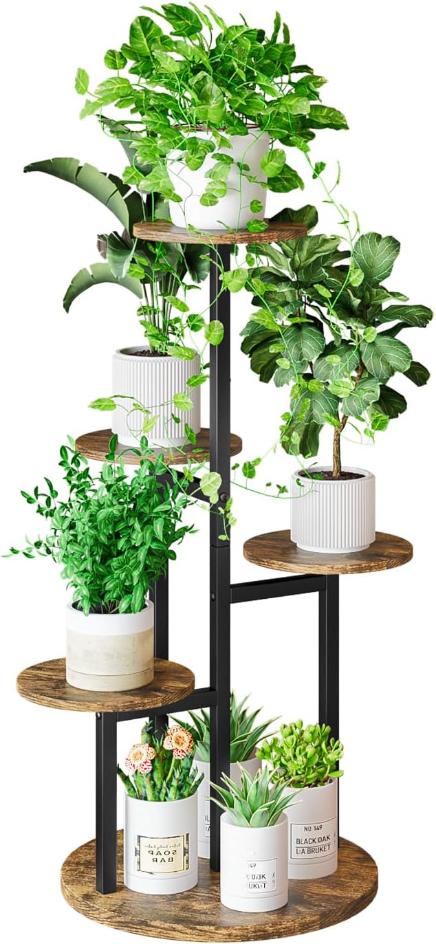 INGIORDAR Plant Stand Indoor Outdoor Corner Plant Shelf for Multiple Flower Pots Flower Stand Holder for Patio Garden Balcony Living Room (Black+Rustic Brown, 5 Tier)