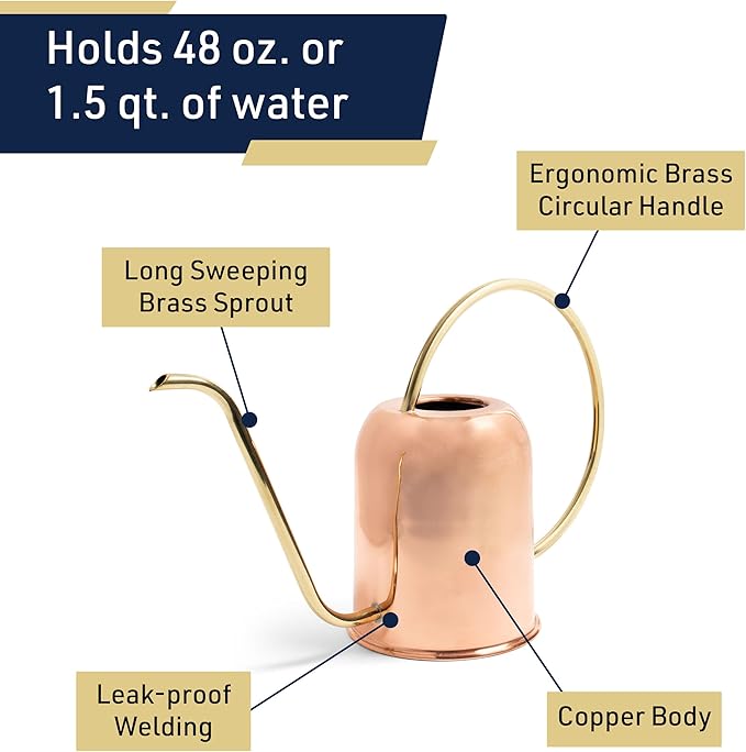 Copper Watering Can Indoor Plants - 48oz Long Spout Precise Small Water Can for Plants, Bonsai, Succulents, Houseplants, or Garden - Metal Inside or Outdoor Plant Watering Cans by Kings County Tools