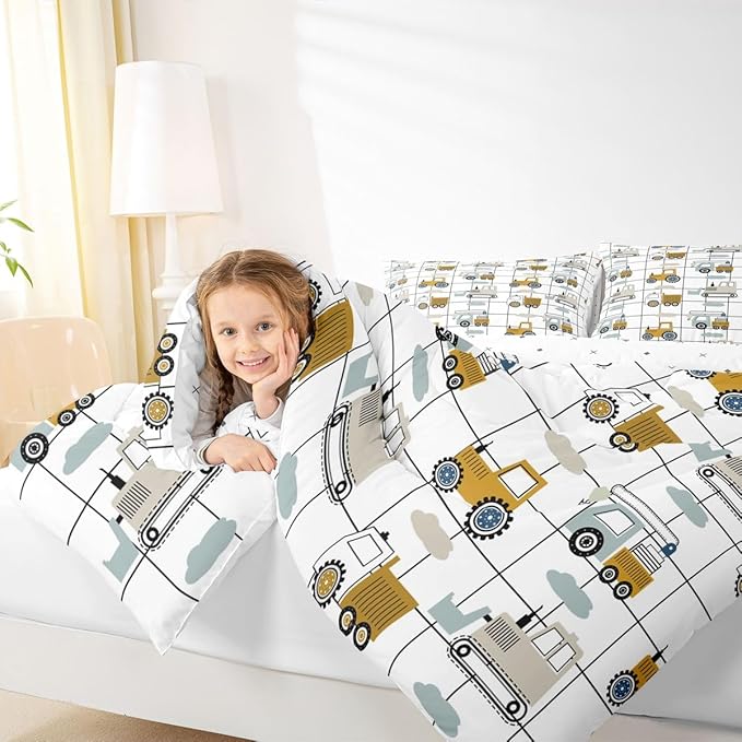 Feelyou Construction Truck Comforter Set Twin Kids Machinery Truck Excavators Vehicles Comforter for Boys Cartoon Tractor Bedding Set Excavator Tractor Plaid Grid White Duvet Set with 1 Pillow Case