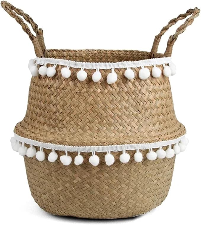Snacko Handmade Bamboo Storage Baskets - Foldable Laundry Wicker Rattan Seagrass Belly Planter Baskets For Home Decor And Garden Use(Color 2,S 22cmX20cm)