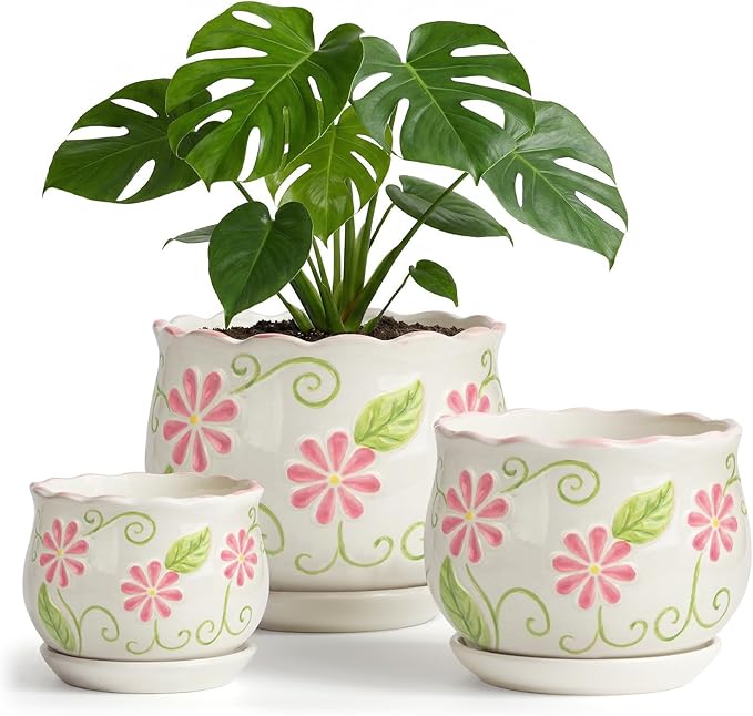 STHIE Pink Ceramic Flower Pots, 4"+5.2"+6.6" Inch Small Flower Pots for Indoor Plant with Drainage Hole,Modern Decorative Plant Pots Set of 3, Indoor Planters with Saucer