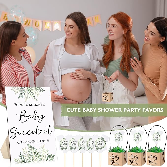 Geetery 101 Pcs Succulent Baby Shower Party Favors for Guests Include 1 Wooden Table Sign 50 Kraft Succulent Pots and 50 Tags for Baby Shower Party Gifts(Greenery)
