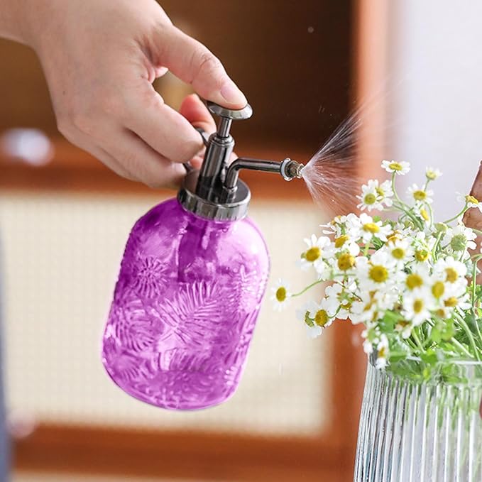 Plant Sprayer Mister 350ml Fine Mist Water Can Leaf Pattern Glass Purple Watering Can with Handle Non-Slip Exquisite Plant Watering Device for Indoor
