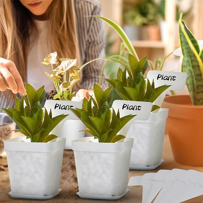 140 Pcs 3 Inch Plastic Plant Pots Square Seedling Nursery Pots Reusable Small Plant Pots with Saucers 140 Pcs Waterproof Plant Labels T Type Plant Tags Marking Pen for Garden Balcony Office (White)