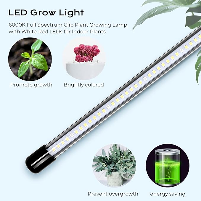 iPower LED Grow Light with Full Spectrum for Indoor Plants, Adjustable Gooseneck, 2/3 Light Modes&5/10 Dimmable Levels, 3 Auto Timing Modes, 2 Tubes, White