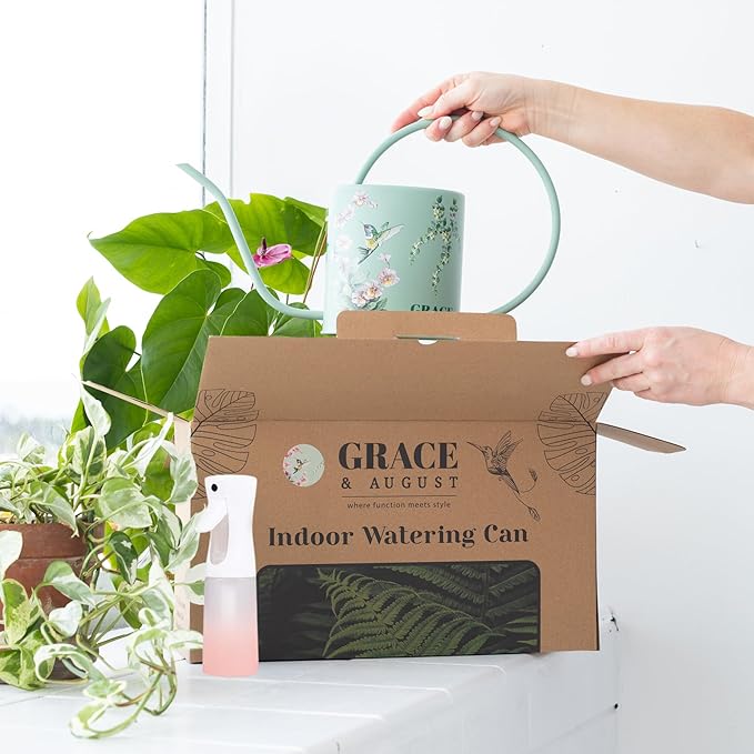 Watering Can for Indoor House Plants & Spray Water Mist Bottle - Cute Decorative Metal Gardening Small Water Can for Houseplants & Flowers with Long Spout - 1.5L 51floz 0.4 Gallon (Hummingbird Sage)