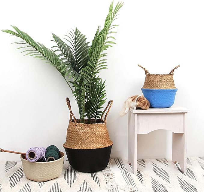 Woven Seagrass Belly Basket for Storage Plant Pot and Laundry, Picnic and Grocery Basket (Medium, Original)