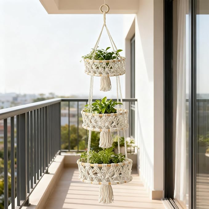 3 Tier Hanging Fruit Basket, Macrame Hanging Basket for Fruit and Vegetable Storage, Cotton Rope Woven Baskets, Boho Wall Baskets Organizing Hanging Plant Holder for Indoor Kitchen Decor