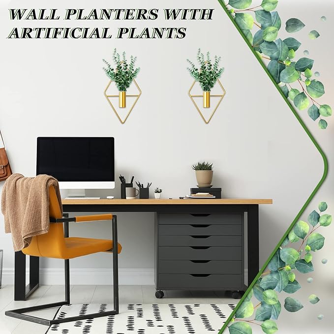 Canlierr 2 Pieces Gold Wall Decor Hanging Planters with Artificial Plants Metal Vase Indoor Plants Holder Modern Geometric Wall Art for Home Bathroom Bedroom Living Room Office(Eucalyptus,Medium)