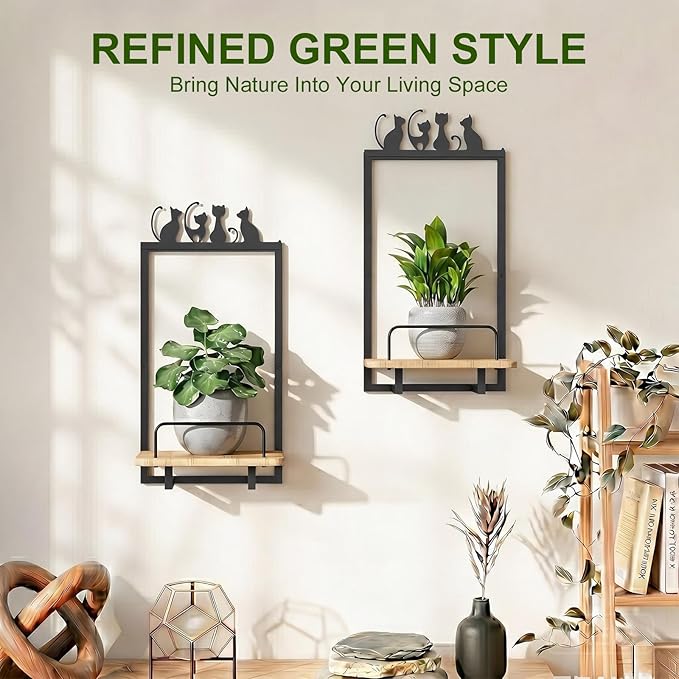 Shineled Wall Planter for Indoor Plants 2 Pack, Wall Mounted Plant Holder for Small Plants, Floating Wall Shelf for Plants, Real Oak Wood, Magnetic Animal Decor, Home Wall Decor (Cat)