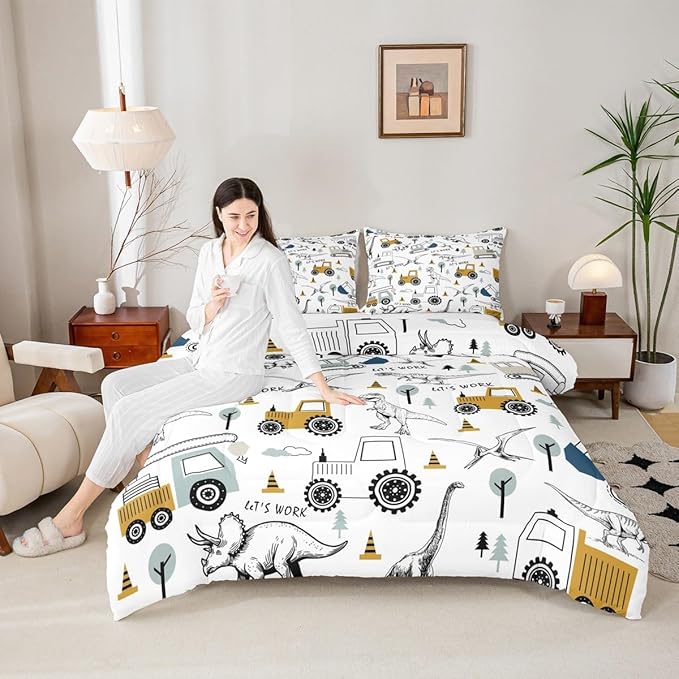 Feelyou Construction Comforter Set Twin Kids Cartoon Car Excavator Tractor Toddler Comforter Equipment Trucks Dinosaur Comforter Set Construction Vehicles White Yellow Duvet Set with 1 Pillow Case