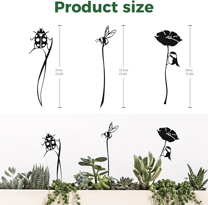 3-Pack Insect Metal Garden Stakes for Indoor&Outdoor Potted Plants, Rustic Metal Flowers for Outside, Decorative Outdoor Status,Gift-Boxed Garden Decor(Black Ladybug&Bee Flower Set)
