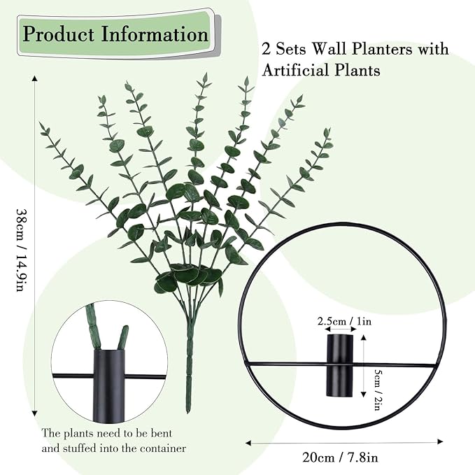 GREENTIME 2 Pack Hanging Plants Faux Eucalyptus with Black Round Metal Hanging Vase for Teacher Appreciation Living Room Bedroom Boho Kitche Wall Shelf Outdoor