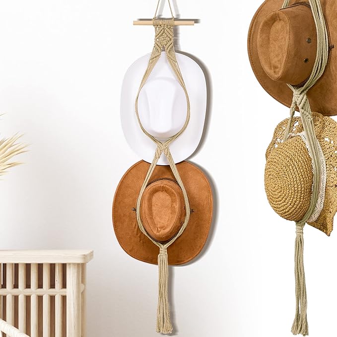 Yulejo Macrame Hat Hangers Boho Hat Rack Cowboy Hat Hanger Back of Door Hat Organizer (Beige,Two Hats Style)