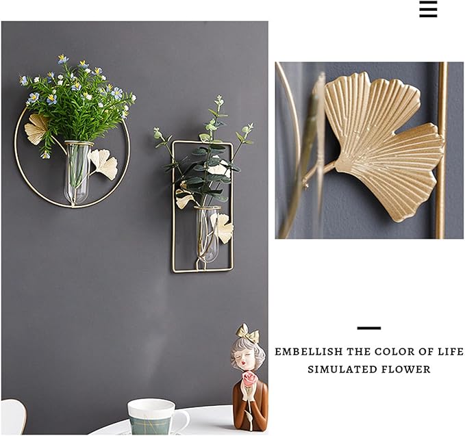 Gold Wall Decor Flower Tubes Geometric Metal Vase Hydroponic Planter with Leaf Decoration, Hexagon Shape
