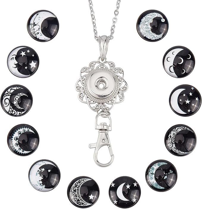 SUNNYCLUE 1 Box 12 Styles Snap Button Lanyard Moon Star Planet ID Badge Necklace Cute Gothic Style Black White Badges Holder Breakaway Stainless Steel Lanyard Chain for Holders Keys Men Women