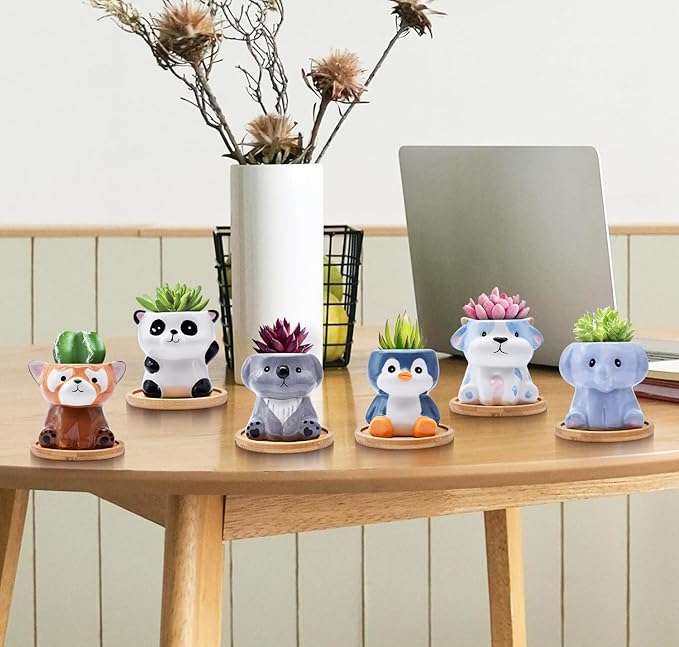 6 Pack Animal Ceramic Succulent Pots with Drainage – Mini Cute Planters with Bamboo Trays for Indoor Plants & Cactus, Adorable Animal Pots for Desk, Office, Home Decor, Gift for Kids & Plant Lovers