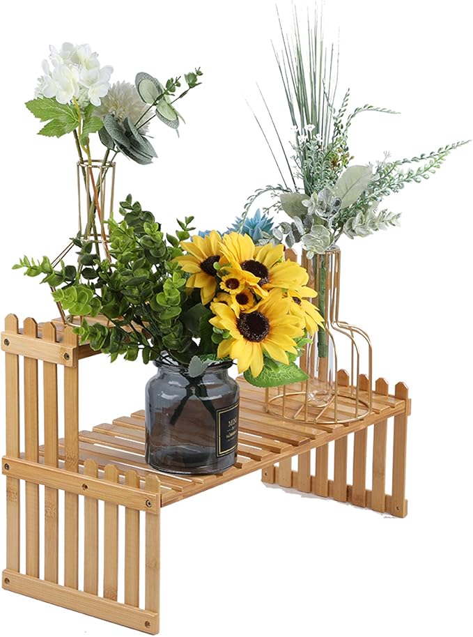 GURECOD 14.6"/18.5" 2 Tiers Bamboo Plant Stand Shelf,Desk Flower Pot Holder,Adjustable Desktop Shelf Display Organizer Ladder Rack for Office Decorate Storage Rack,Kitchen Rack (18.5" Length)