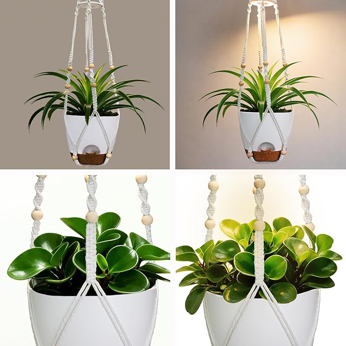 Hanging Planters for Indoor Plants: 2 Pack Macrame Plant Hangers with Grow Lights and Self-Watering Pots, Large Hanging Pots with Drainage Holes & Removable Tray（8in White Pot, Daylight Spectrum）