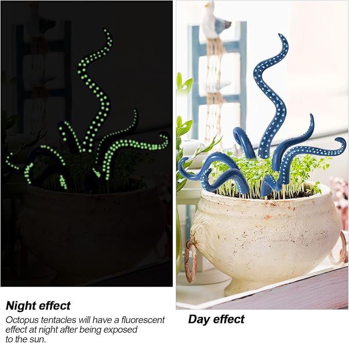 BOXOB 7pcs Octopus Tentacle Plant Stakes, Various Shapes Glow in The Dark Octopus Leg Stakes Evil Decorative Garden Stakes for Potted Plants Indoor Outdoor Decoration (Blue)