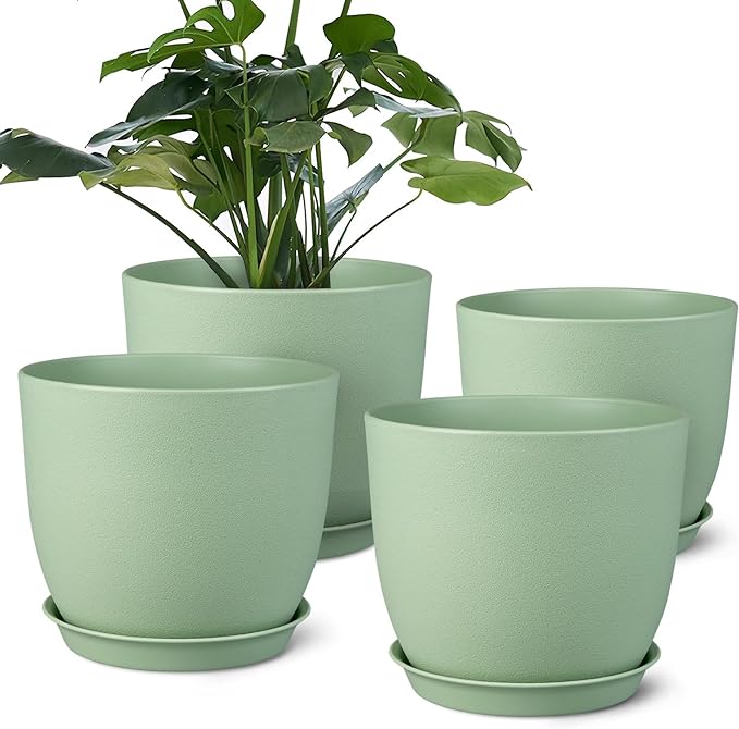 Ferlypote Plant Pots 8 Inch Set of 4, Flower Pots with Multi Mesh Drainage Holes, Planters for Indoor Outdoor Garden Plants and Flowers（Green）