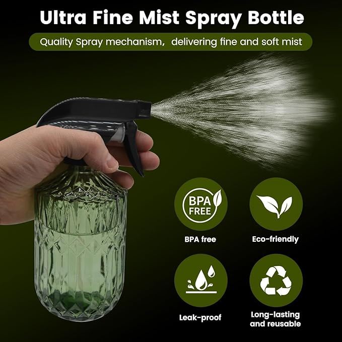 Plant Mister Fine Mist Water Spray Bottle for Plants - 0.43L/15.17oz Handheld Glass Spray Bottles with Adjustable Nozzle - for Indoor Flower, Plant, Gardening, Cleaning (Light Green)