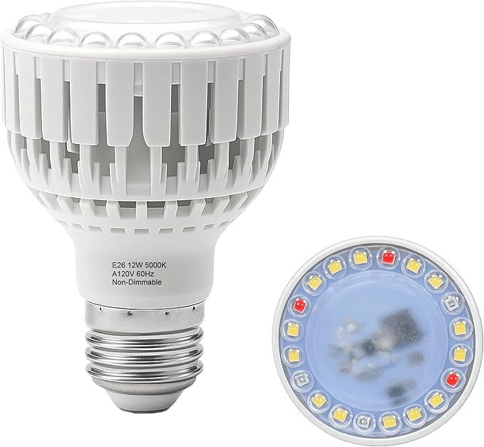 Juhefa LED Grow Light Bulb E26, Full Spectrum 5000K Plant Light Bulb for Indoor Plants, 12W (Equivalent to 80W), High Output for Faster Growth