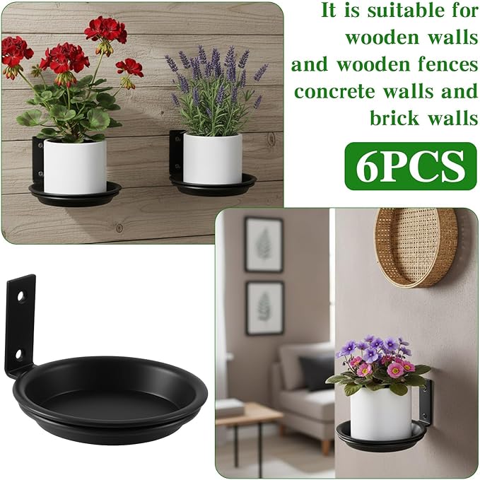 6 Pack 6'' Wall Mount Plant Holder with 8 Replaceable Trays, Heavy Duty Metal Flower Pot Holder Ring, Plant Hanger for Wall Indoor, Ring Planter Bracket for Outside Outdoor Bird Feeder Bath