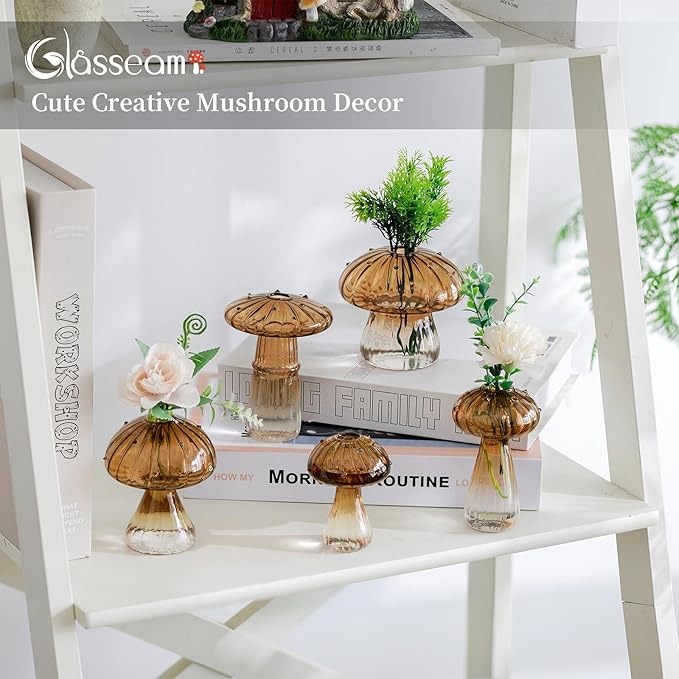 Glasseam Amber Glass Mushroom Vase: Cute Small Flower Vase Set of 5 Unique Mini Bud Vases for Centerpieces Decorative Vases for Flowers Funky Plant Vase Decor