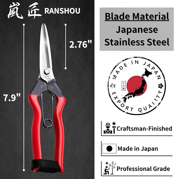 Harvesting Scissors Blunt Tips 7.9" for Vegetable, Fruits, Plants - Japanese Garden Shears Pruning Snips - Sharp Japanese Stainless Steel Blade & Non-Slip Spring-Loaded Handle - Made in Japan