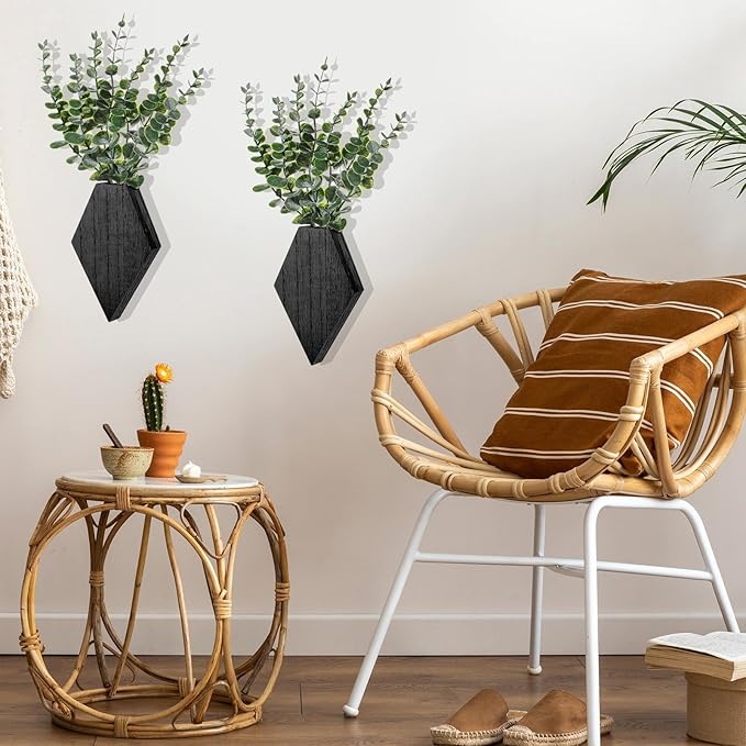Chunful 2 Pcs Wooden Wall Planter Decor Hanging Fake Plants Greenery Flowers Holder Vase Boxes for Wall Bohemian Farmhouse Room Kitchen Office Indoor Decoration(Black,7.1 x 4.7 x 1.2 Inches)