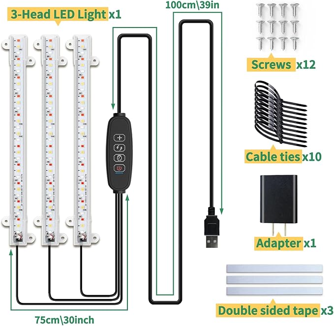3-Head LED Grow Light for Indoor Plants, 10 Dimmable Levels & 3 Color Modes, Auto Timer (3/9/12H) for Hydroponics, Herbs, Succulents