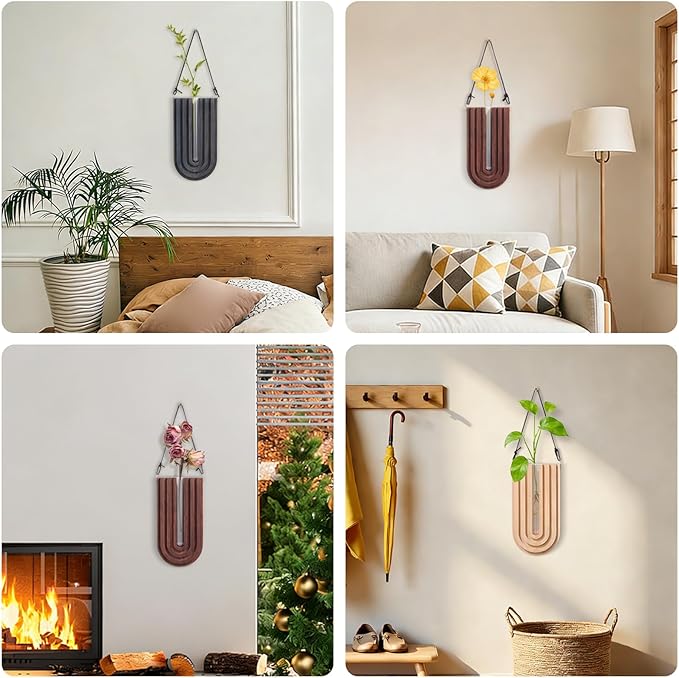 6Pcs Wall Mounted Plant Propagation Stations, Wood Wall Hanging Planters with Test Tube Socket, Modern Geometric Hydroponic Vase for Indoor Plants, Boho Decor for Room Office Entryway