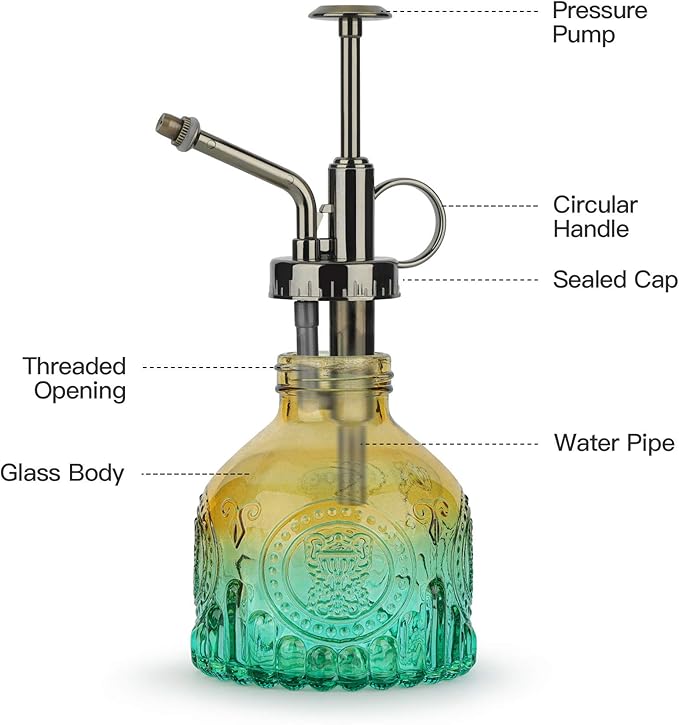 T4U Glass Plant Mister 200ML, Vintage Spray Bottle with Top Pump Fine Mist Garden Flower Sprayer Small Decorative Spritzer Watering Can Gift for Indoor Outdoor Succulent House Plant (Gradient Color)