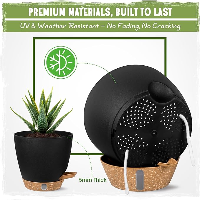 Self-Watering Pots for Indoor Plants 4 Pack, 6/8/10/12 Inch Outdoor Planters with Water Level Indicator & Deep Reservoir, Decorative Flower Pots for Home Decor (Black, 12+10+8+6 Inch)