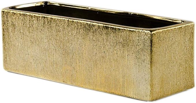 WGVI Long Rectangle Ceramic Planter Vase in Gold Etched 12" x 4" x 4"H, Block Rectangular Terrarium Box Pot, Flower Arrangement, Table top Centerpiece, Home Decor Storage Container, Bulk, 6 Pcs.