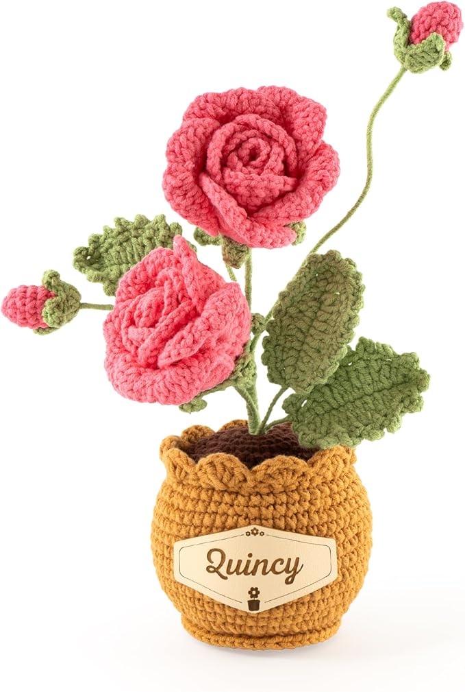 Crochet Flowers with Personalized Leather Name Tag Handmade Knitted Flowers for Home Office Desk Decor Crochet Rose Flower Potted Plant Crochet Gift for Women,Mom,Teacher, Birthday(Pink)