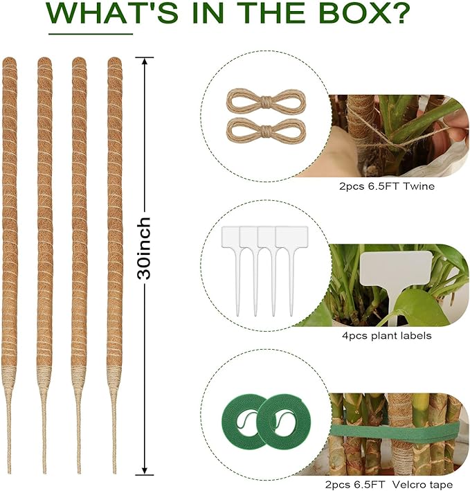 Deergo 4Pack 30 Inch Bendable Moss Pole for Plants Monstera, Coco Coir Plant Support Pole for Small Climbing Plants Grow Up