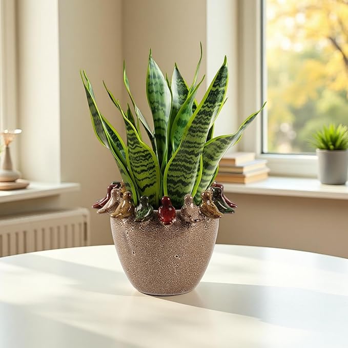 10.4 Inch Plant Pot, Ceramic Planter with Drainage Hole and Silicone Plug, Flower Pot with Ceramic Birds on Rim, Reactive Glaze, for Indoor Outdoor Plants Home Garden Patio Office