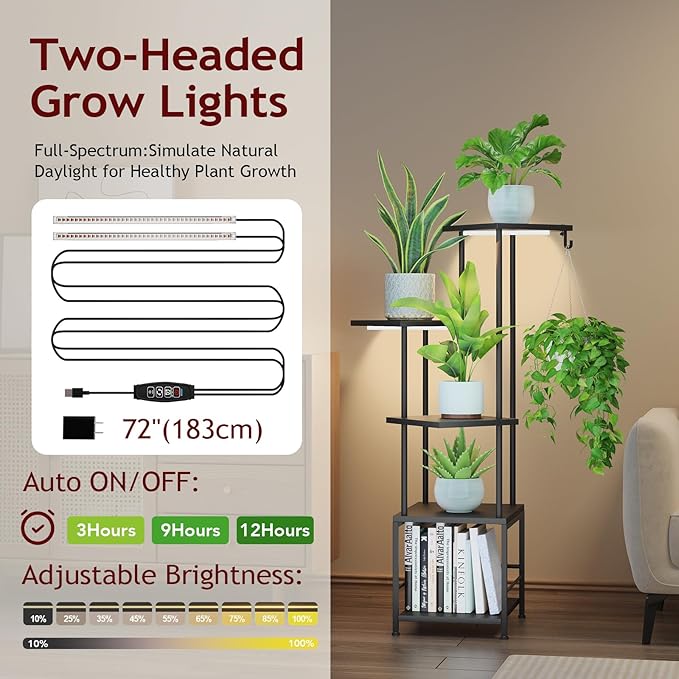 Homsorout Plant Stand Indoor with Grow Light, 5-Tiered Tall Plant Stand Indoor, Metal Plant Shelf with Hanging Basket Hook and Adjustable Light, Ideal for Living Room, Garden, Patio (Black )