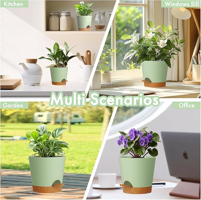 WSMKSZ 7/6.5/6/5.5/5/4 inch Self Watering Pots for Indoor Outdoor Plants, 6 Pack Plastic Flower Planters with Drainage Holes and Removable Saucers, Plant Pots with Wicking Rope, Green Brown