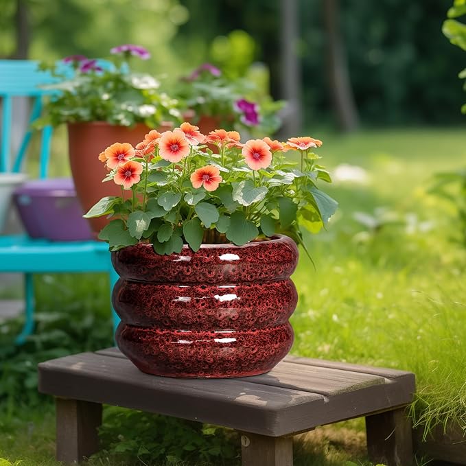 SQOWL 10 Inch Plant Pots - Ceramic Planter for Indoor Plants, Ceramic Plant Pot with Drainage Hole, Bubble Round Flower Pots Outdoor, Home Office Living Room Decor, Gifts for Plant Lover, Red