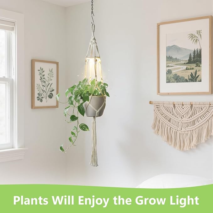 2 Pack Macrame Plant Hanger with Grow Light: Boho Hanging Planters with Light for Indoor Plants, Ideal for Apartments, Small Spaces, Low-Light Rooms (GrowPro Spectrum)