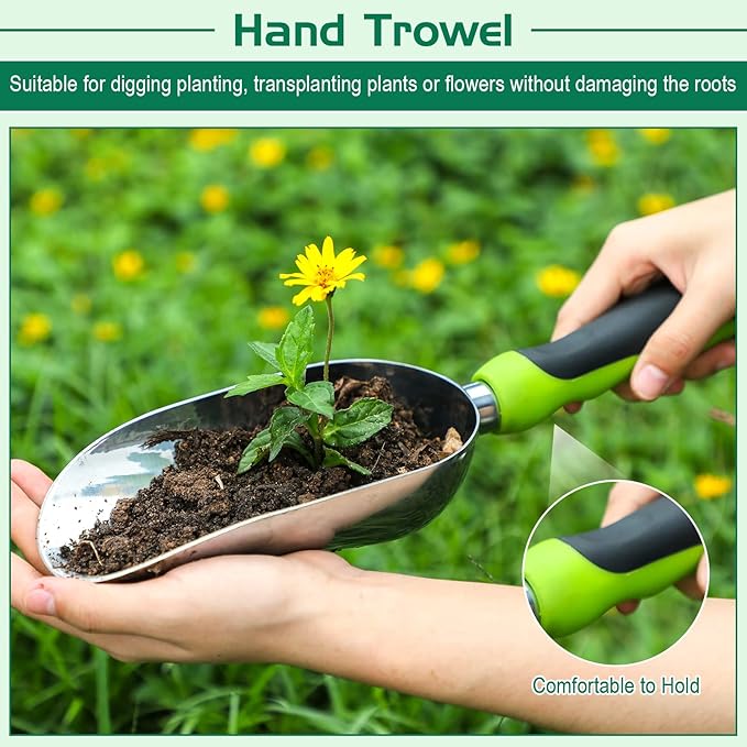 2 Pcs Soil Scoop 13.39 x 3.82 Inch Aluminum Transplanter Trowel Bend Proof Garden Tools Large Heavy Duty Hand Shovel with Comfort Soft Non Slip Grip Handle Garden Gifts for Digging Fertilizer (Green)