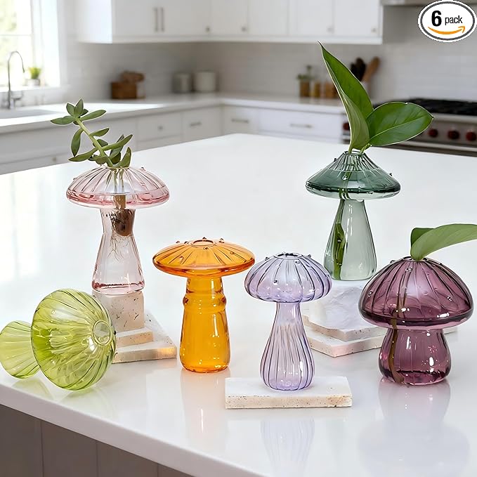 6 Pcs Colored Mushroom Glass Propagation Vases for Plants, Hydroponic Bud Vase Plant Propagation Stations Decor, Glass Terrariums for Indoor Plants, Cute Mushroom Vase Gifts for Women & Planter Lovers