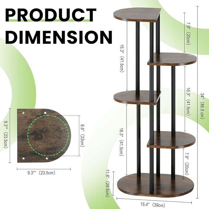 Tiered Plant Stand Indoor, Tall 5 Tier 6 Potted Wooden Plant Shelf for Multiple Flower Plants, Multi Corner Metal Plant Holder Indoor for Patio Garden Patent Design Living Room Balcony Bedroom, Rustic Brown