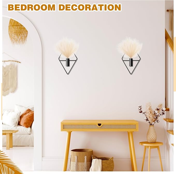 Jexine 4 Pcs Plant Wall Decor Diamond Shape Hanging Planters with Artificial Plants Geometric Wall Decor Metal Hanging Vase Indoor Holder for Living Room Bathroom Home(Pampas)