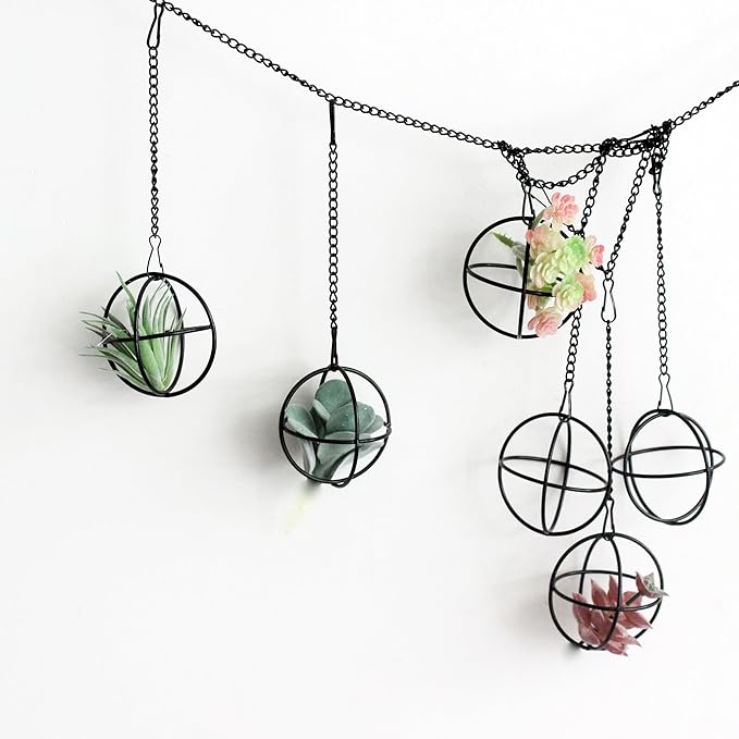 6 Set Air Plants Hanging Holders Black Metal Himmeli Decor Modern Geometric Airplants Planter Air Fern Plants Hanger for for Home for Plant Lovers