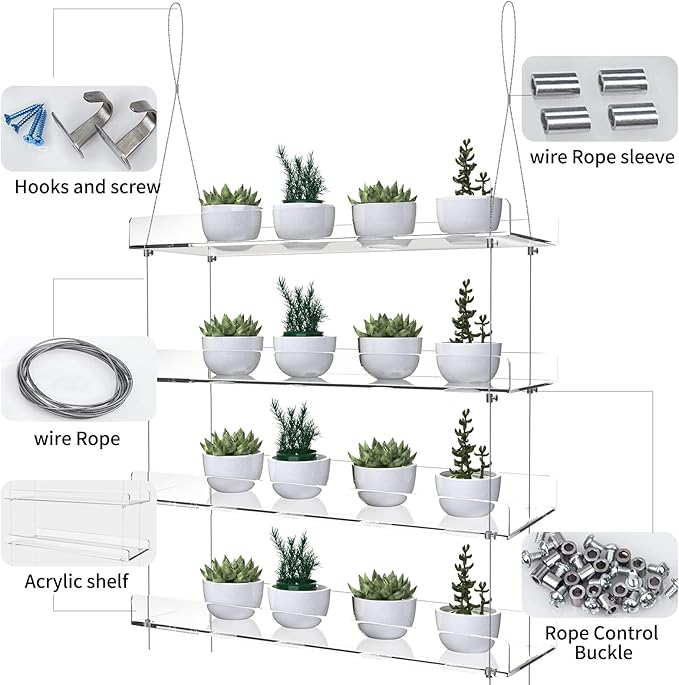 4-Tier Floating Acrylic Plant Shelf – Each Tier 16 Inch Long, Height Adjustable for Indoor Garden, Ideal for Herbs & Flowers in Sunlit Spaces