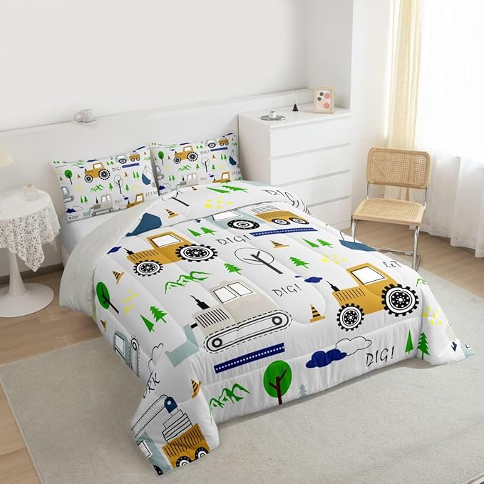 Feelyou Construction Comforter Set Queen Size Equipment Trucks Bedding Set for Kids Boys Construction Vehicles Duvet Quilt Excavator Tractor Bedroom Decor Cartoon Car Grey3 Pcs with 2 Pillow Cases